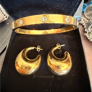 Hinged Bangle Bracelet w/ Clear Stones + Gold Tone Teardrop Earrings Bundle